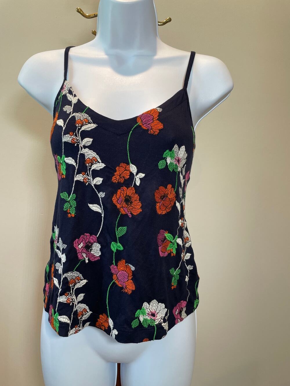 Anthropologie Size XS Navy Blue Embroidered Strappy Top